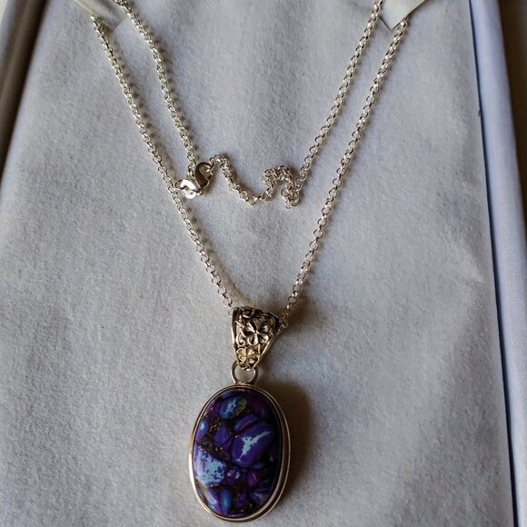 925 Sterling Silver Purple Copper Turquoise Gemstone Pendent STERLING 925 CHAIN - Picture 1 of 3